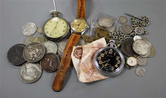 An Omega pocket watch, a Waltham military pocket watch, Benson Tropical wrist watch and assorted coins including cartwheel penny.